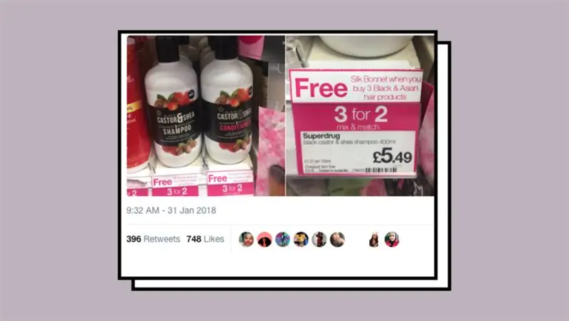 Superdrug предлагают бесплатную шелковую шляпу, когда вы покупаете средства по уходу за черными и азиатскими волосами, и люди конфликтуют