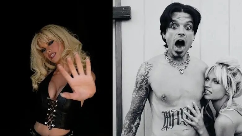 Лили Джеймс в образе Памелы Андерсон; Себастьян Стэн в образе Томми Ли и Лили Джеймс в образе Памелы Андерсон