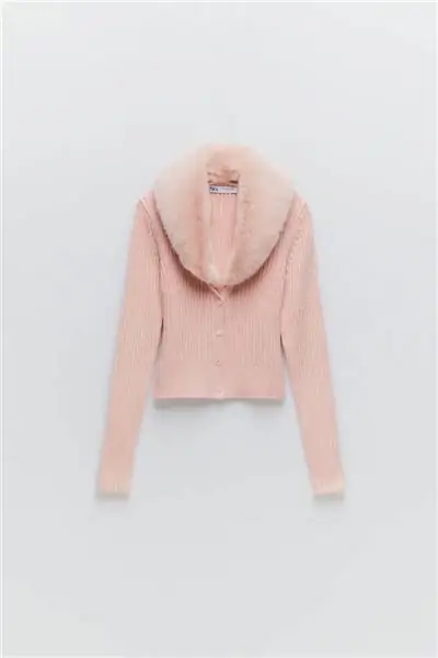 Розовый кардиган с меховым воротником, Zara Розовый кардиган с меховым воротником, Zara