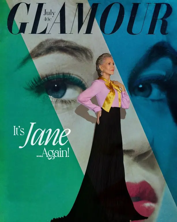 Обложка Джейн Фонды в майском номере журнала Glamour с возвратом в прошлое, когда она впервые появилась на обложке журнала Glamour в 1959 году