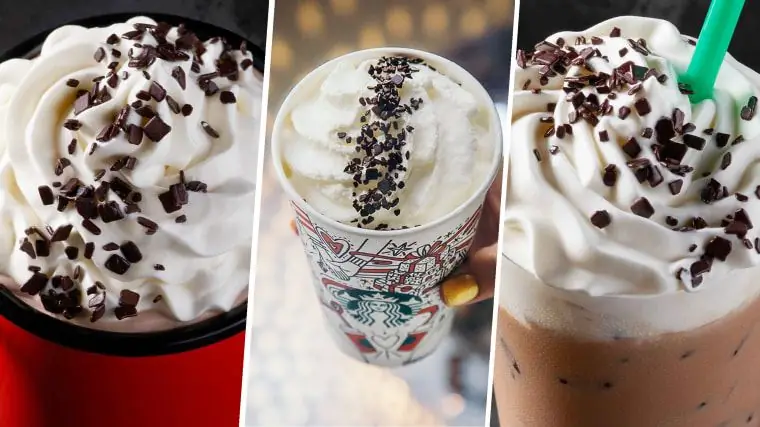Слева направо: Черное и белое горячее какао Starbucks, Черное и белое мокко и Черное и белое фраппучино Слева направо: Черное и белое горячее какао Starbucks, Черное и белое мокко и Черное и белое фраппучино